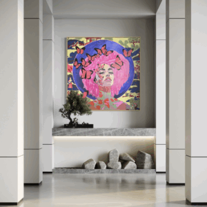 Artwork by Henrix showing a pink‑haired woman with an electric‑blue halo surrounded by butterflies.
